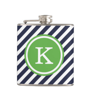 Navy and Green Nautical Stripes Monogram Hip Flask
