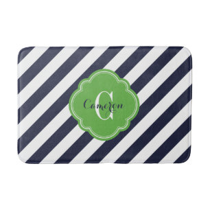 Navy and Green Preppy Stripes Monogram Bath Mat