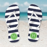 Navy and Green Preppy Stripes Monogram Flip Flops<br><div class="desc">Custom printed flip flop sandals with a preppy nautical stripe pattern and your custom monogram or other text in a circle frame. Click Customise It to change text fonts and colours or add your own images to create a unique one of a kind design!</div>