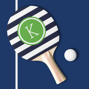 Navy and Green Preppy Stripes Monogram Ping Pong Paddle