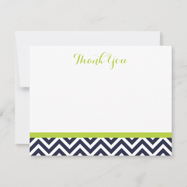 Navy and Green Simple Chevron Thank You Note Cards (Front)