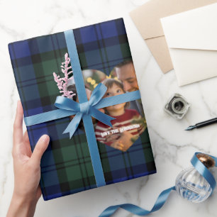 Navy and Green Tartan Personalised Photo Christmas Wrapping Paper
