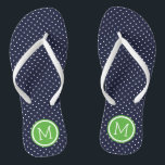 Navy and Green Tiny Dots Monogram Flip Flops<br><div class="desc">Custom printed flip flop sandals with a cute girly polka dot pattern and your custom monogram or other text in a circle frame. Click Customise It to change text fonts and colours or add your own images to create a unique one of a kind design!</div>
