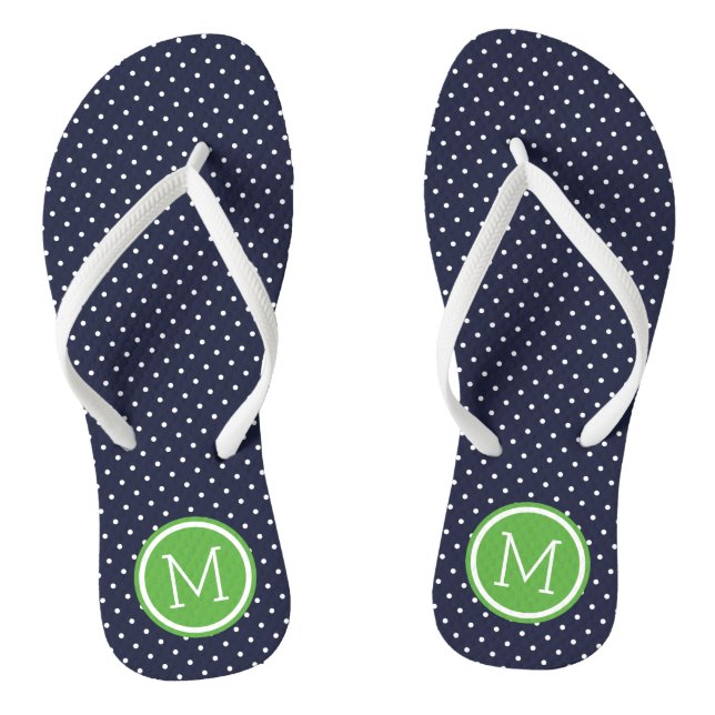 Navy and Green Tiny Dots Monogram Flip Flops (Footbed)