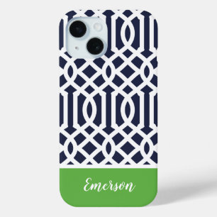 Navy and Green Trellis Monogram iPhone 15 Case