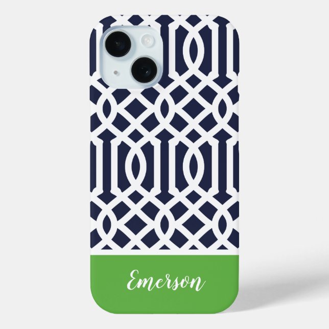 Navy and Green Trellis Monogram Case-Mate iPhone Case (Back)