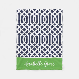 Navy and Green Trellis Monogram   Editable Colours Fleece Blanket