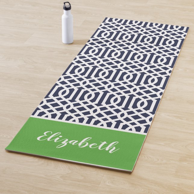 Navy and Green Trellis Monogram | Editable Colours Yoga Mat (In Situ)