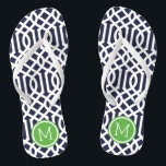 Navy and Green Trellis Monogram Flip Flops<br><div class="desc">Custom printed flip flop sandals with a stylish modern trellis pattern and your custom monogram or other text in a circle frame. Click Customise It to change text fonts and colours or add your own images to create a unique one of a kind design!</div>