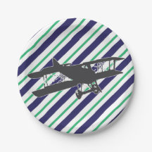 Navy and Green Vintage Aeroplane Paper Plates