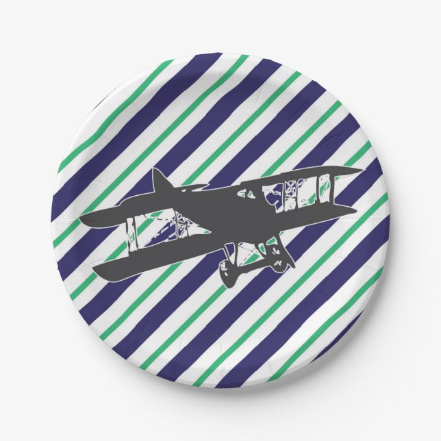 Navy and Green Vintage Aeroplane Paper Plates (Front)