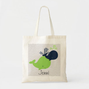 Navy and Green Whales on Chevron Stripe Custom Bag