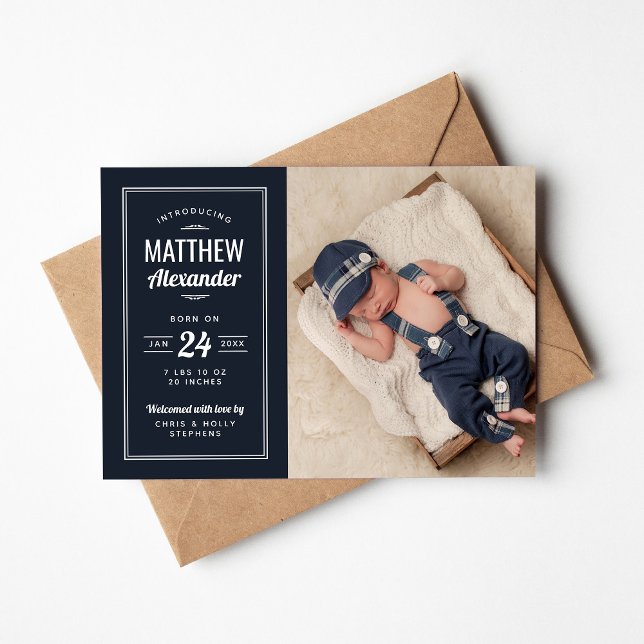 Navy and Grey Baby Boy Photo Birth Announcement (Creator Uploaded)