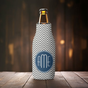 Navy and Grey Chevron Pattern Custom Monogram Bottle Cooler