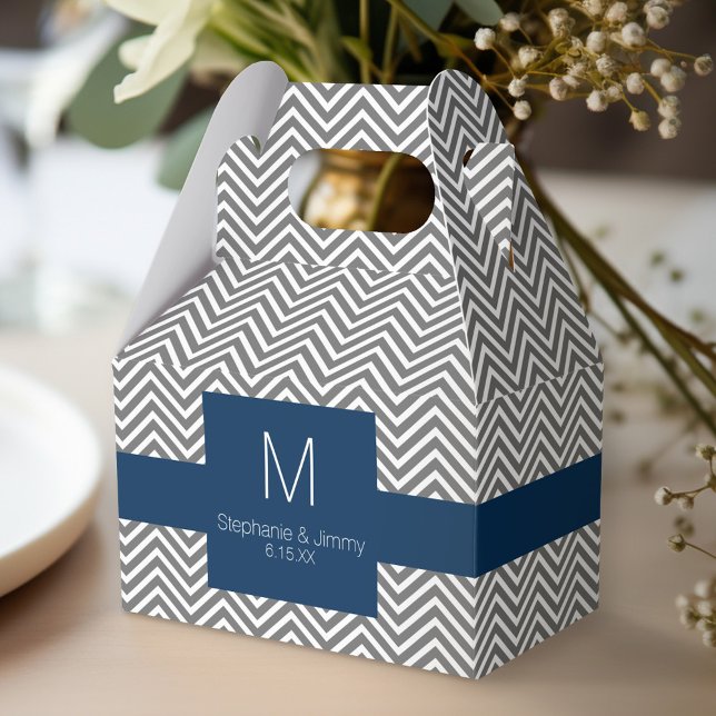 Navy and Grey Chevron Pattern Monogram Wedding Favour Box (Personalized favor box - monogram wedding)