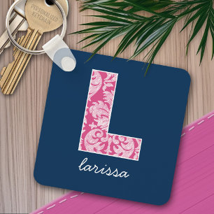 Navy and Hot Pink Damask Pattern Monogram Letter L Key Ring