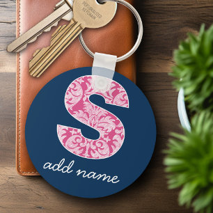 Navy and Hot Pink Damask Pattern Monogram Letter S Key Ring