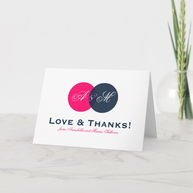 Navy and Hot Pink Entwined Monogram Thank You Card (Front)
