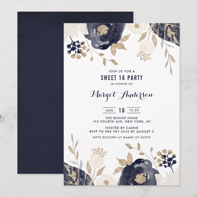 Navy and Ivory Flowers Gold Foil Sweet Sixteen Invitation (Front/Back)