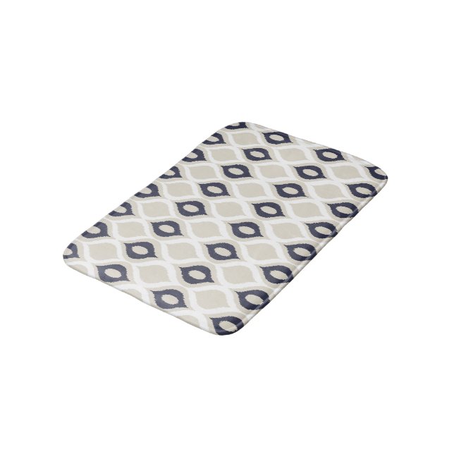 Navy And Ivory Geometric Ikat Tribal Print Pattern Bath Mat (Angled)