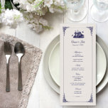 Navy and Ivory Vintage Ship Wedding Menu Cards<br><div class="desc">Chic elegant nautical wedding menu card design with a whimsical vintage illustration of a boat with two birds and an ornate flourish border. Design features traditional serif typography and a scroll banner. A beautiful and unique design, perfect for a nautical beach wedding! Click the CUSTOMIZE IT button to customise fonts,...</div>