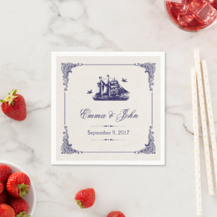 Navy and Ivory Vintage Ship Wedding Monogram Napkin