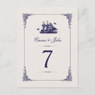 Navy and Ivory Vintage Ship Wedding Table Numbers Postcard