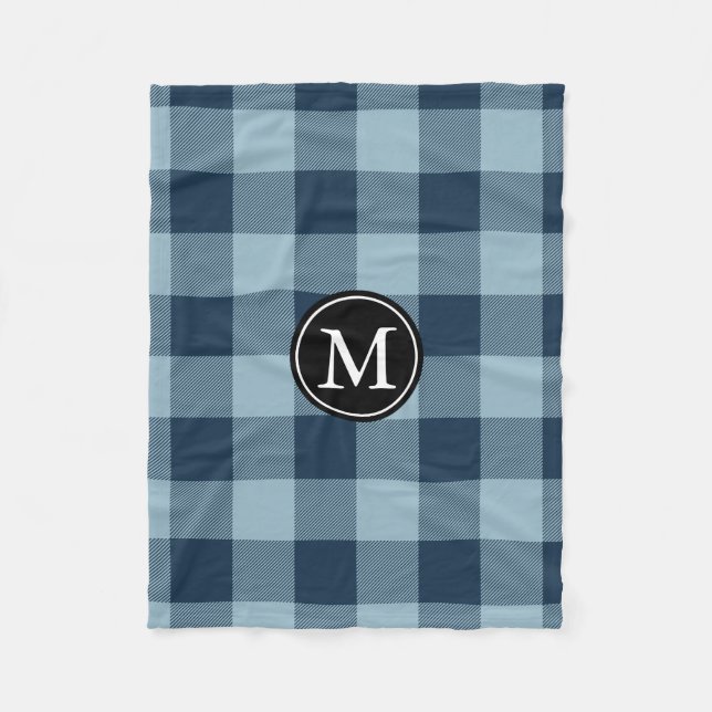 Navy and Light Blue Buffalo Check Monogram Fleece Blanket (Front)