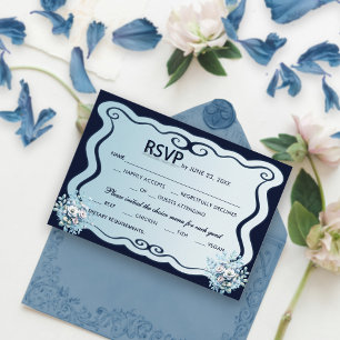 Navy and Light Blue Chic Boho Floral Wedding RSVP Card