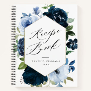 navy and light blue floral Recipe Book