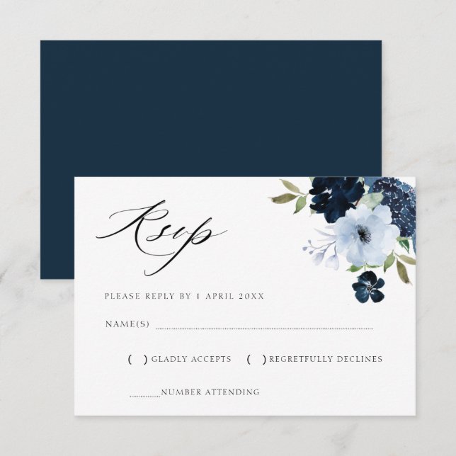 navy and light blue floral RSVP card (Front/Back)