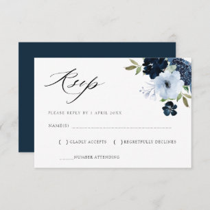 navy and light blue floral RSVP card