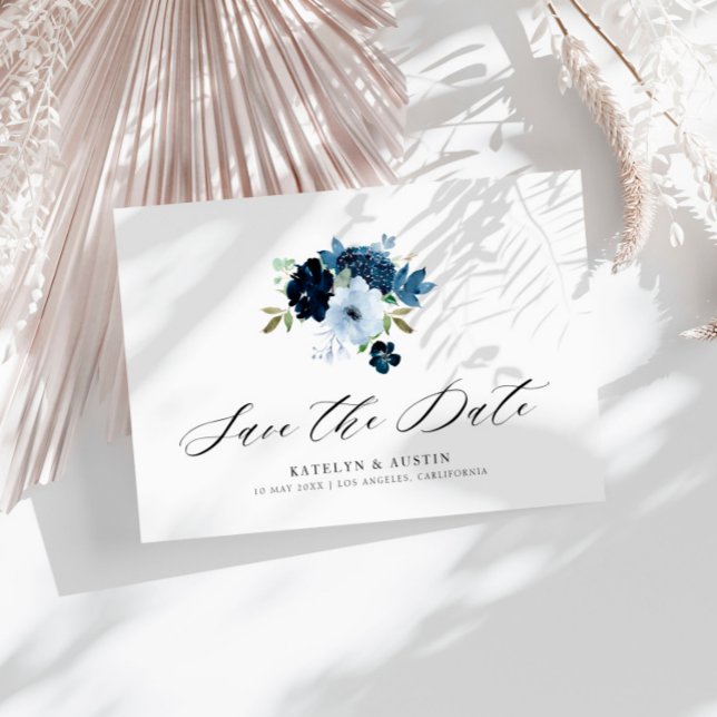 navy and light blue floral save the date postcard (Creator Uploaded)