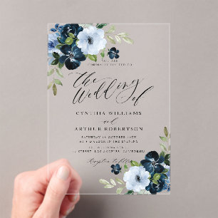 Navy and light blue floral script wedding acrylic invitations