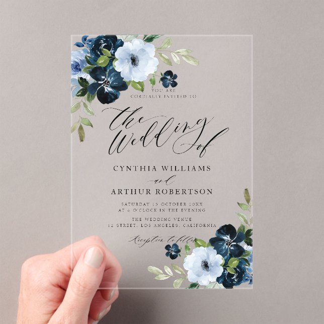 Navy and light blue floral script wedding acrylic invitations (Insitu (Handheld))