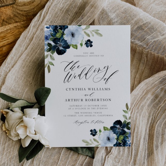 Navy and light blue floral script wedding invitation (Creator Uploaded)