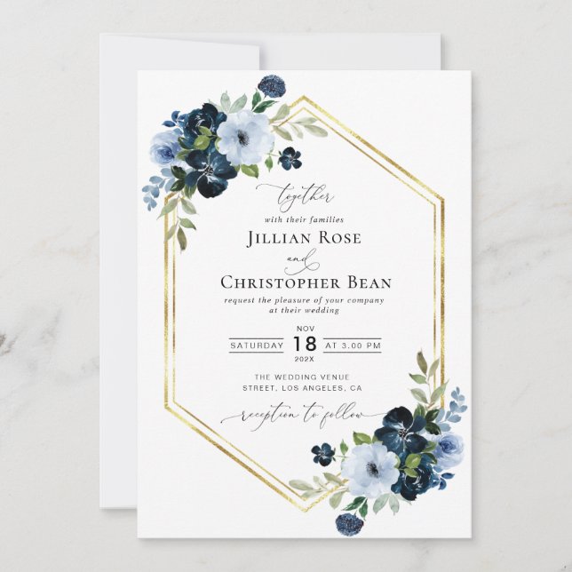 navy and light blue floral script wedding invitation (Front)