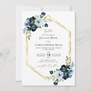 navy and light blue floral script wedding invitation
