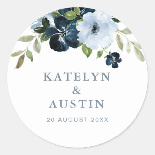 navy and light blue floral wedding classic round sticker