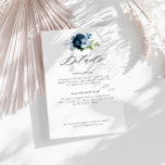 navy and light blue floral wedding details card<br><div class="desc">black script with navy and light blue watercolor flowers. This template is for wedding information such as accommodation,  directions,  and other details you may want your guests to know.</div>