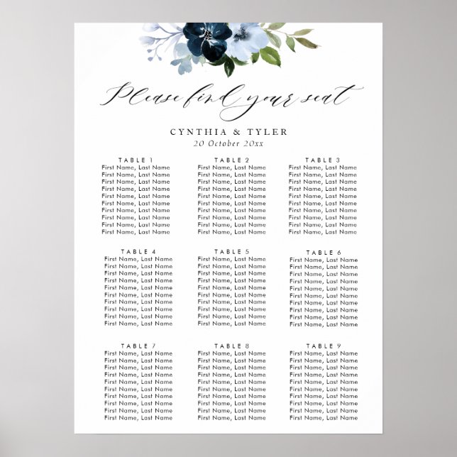 navy and light blue floral wedding seating chart (Front)