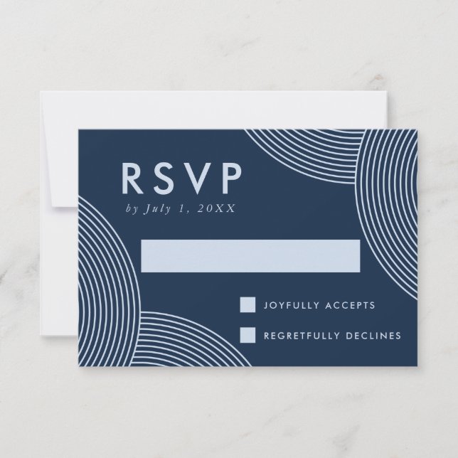 Navy and Light Blue Geometric Swirl Wedding RSVP Card (Front)