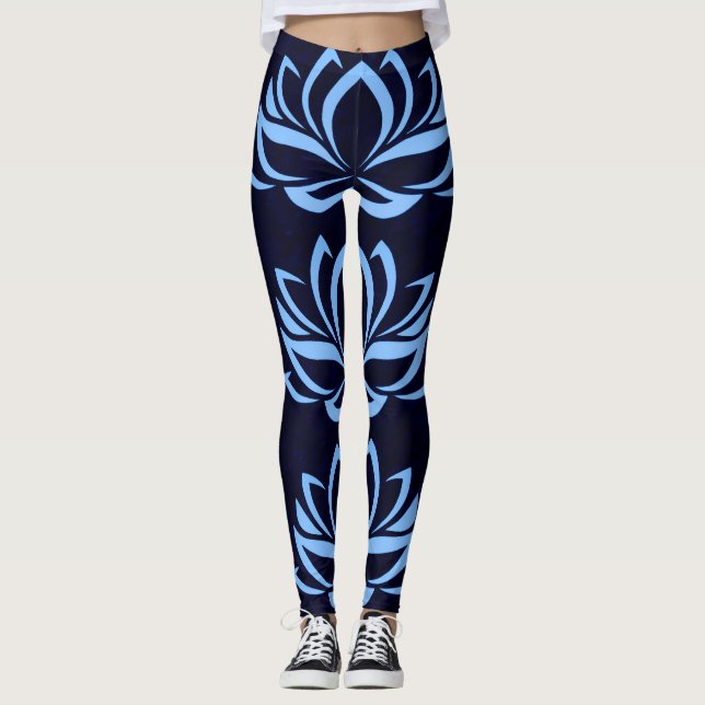 Navy and Light Blue Lotus Design Leggings (Front)