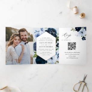 Navy and light blue watercolor floral wedding Tri-Fold announcement