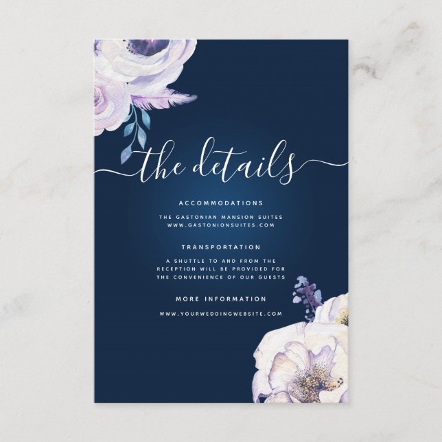 Navy and Lilac Rose Wedding Details Enclosure Card (Front)