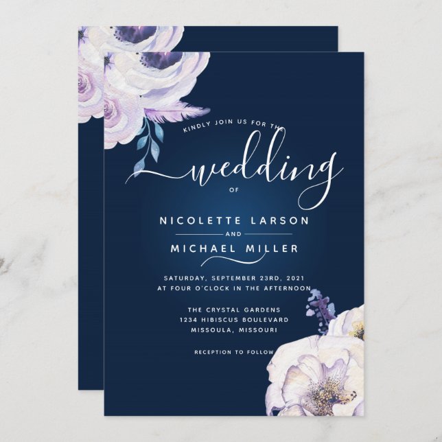 Navy and Lilac Rose Wedding Invitation (Front/Back)