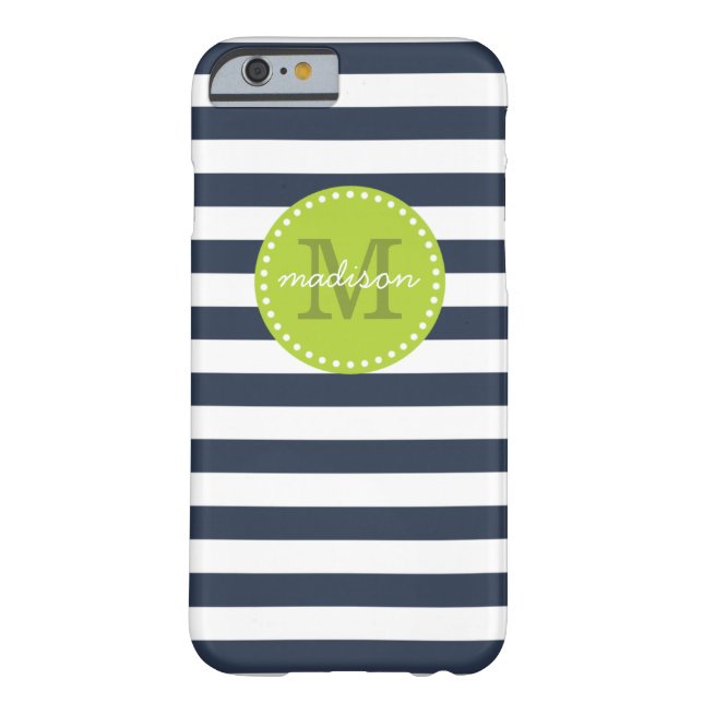Navy and Lime Green Preppy Stripes Custom Monogram Case-Mate iPhone Case (Back)