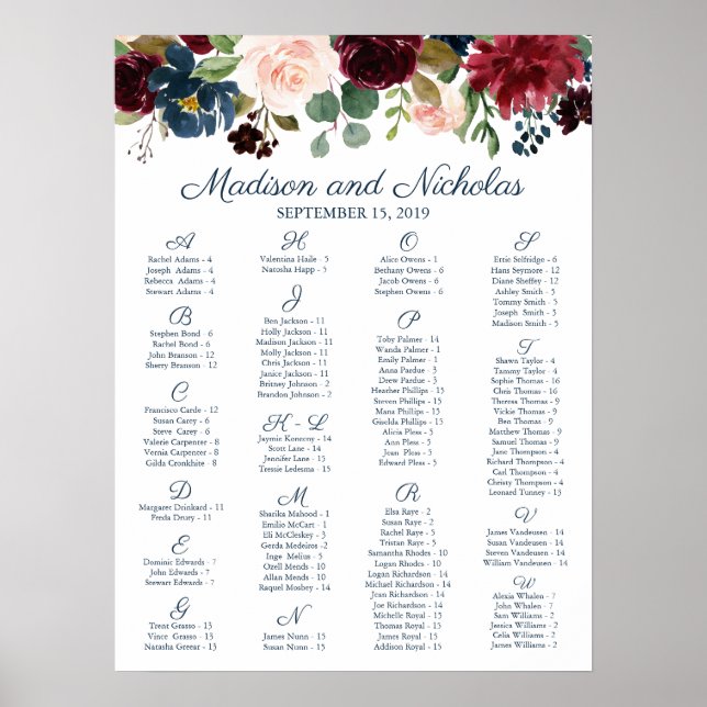 Navy and Marsala Floral Alphabetical Seating Chart (Front)