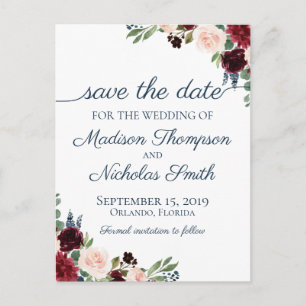Navy and Marsala Floral Save the Date Postcards