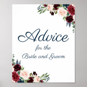 Navy and Marsala Floral Wedding Advice Sign Poster